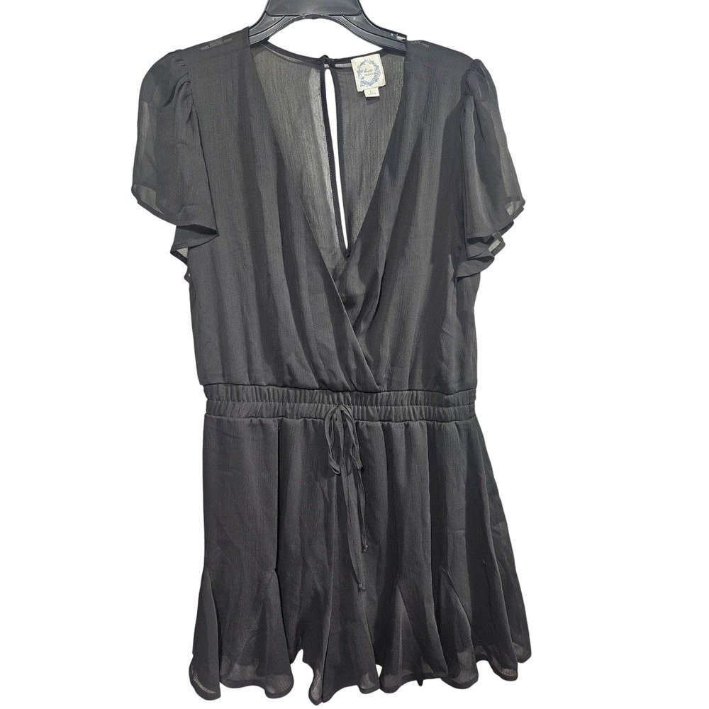 Blue Rain Francesca's Black Chiffon Surplice Romper V-Neck Flutter Sleeve Large
